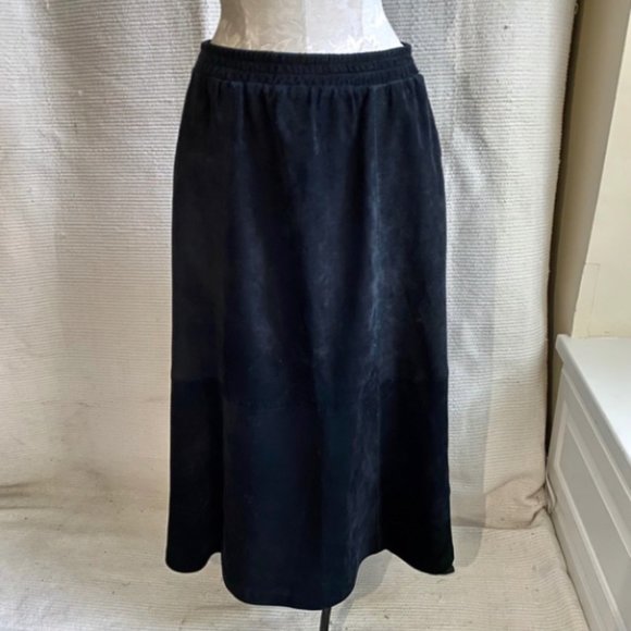 Vintage 70s 80s Suede Leather Midi Skirt Black - Picture 1 of 8